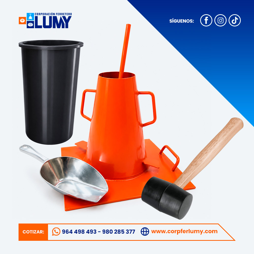 Kit de cono + probeta + cucharon + comba de goma + varilla